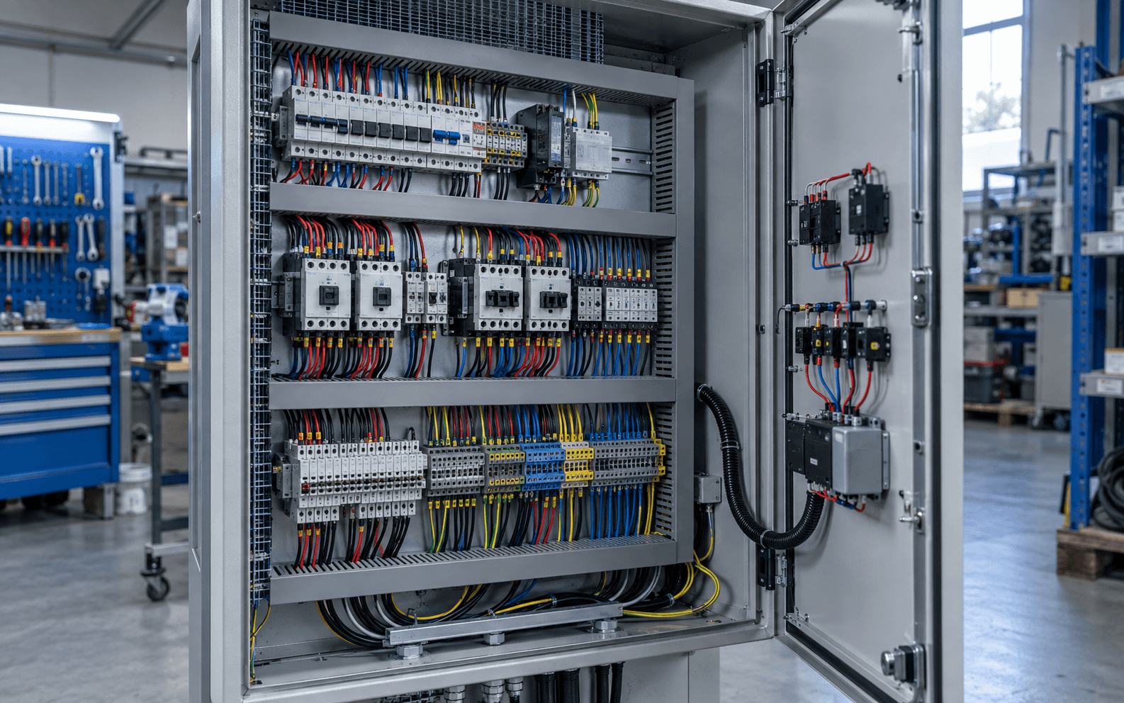 Banco di quadri elettrici industriali in una sala tecnica