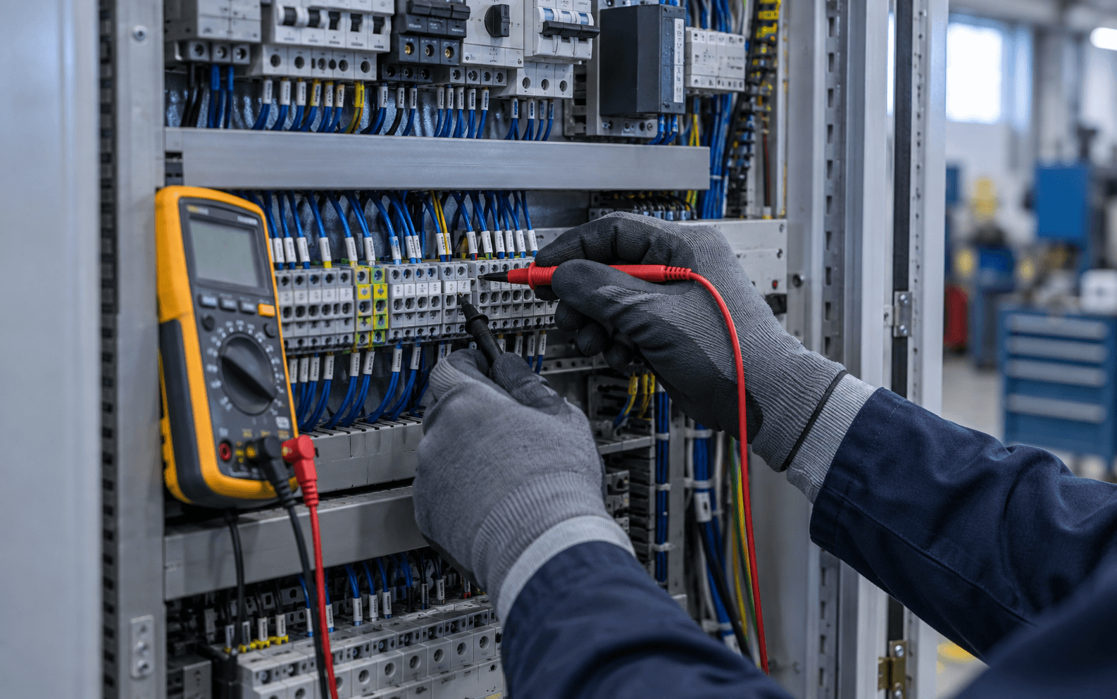 Tecnico esegue una misura con multimetro su un impianto elettrico